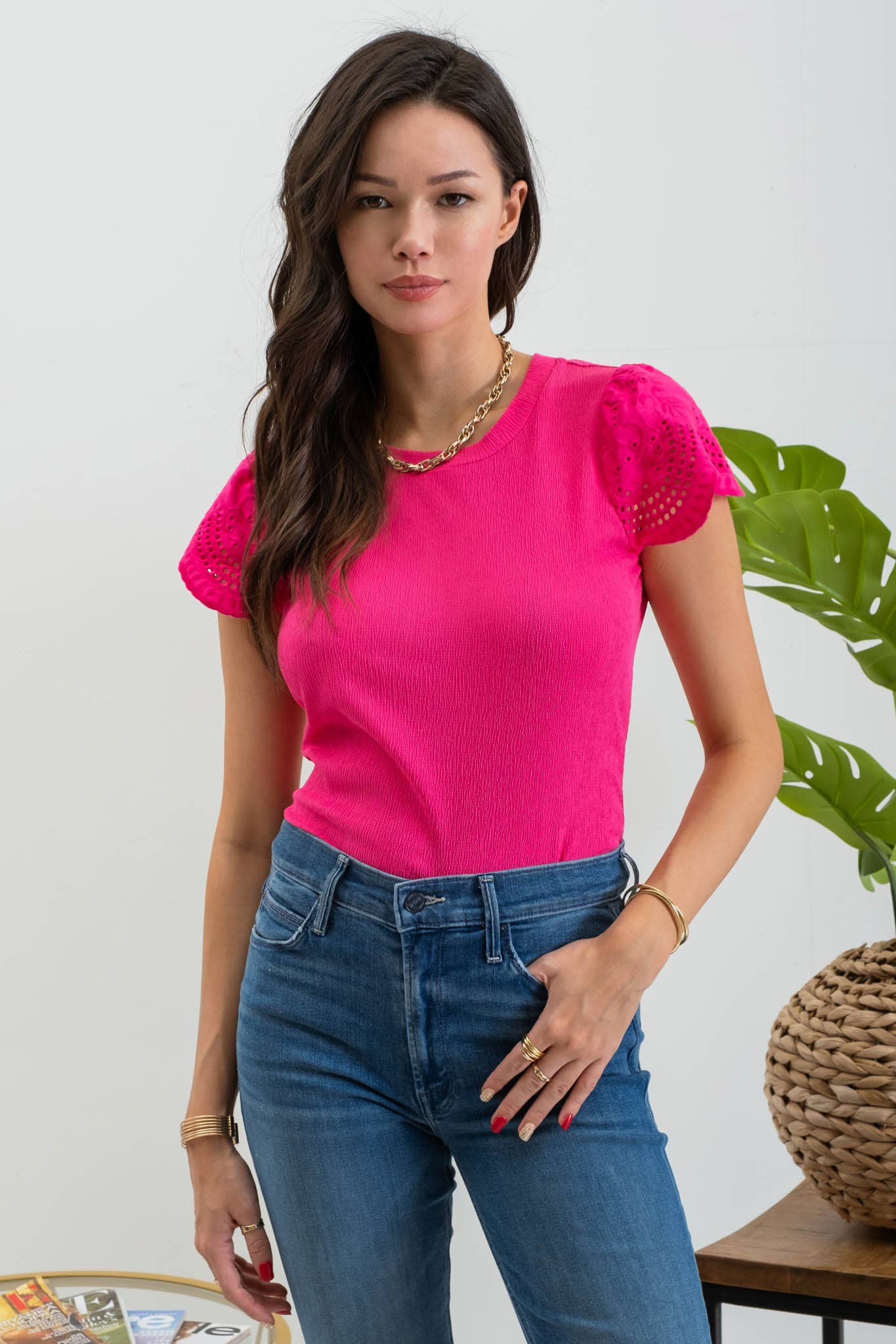 Eyelet Contrast Sleeve Top