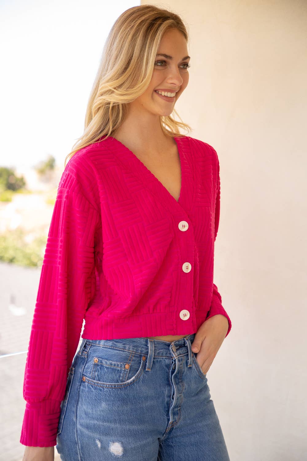 Button Front Textured Cardigan