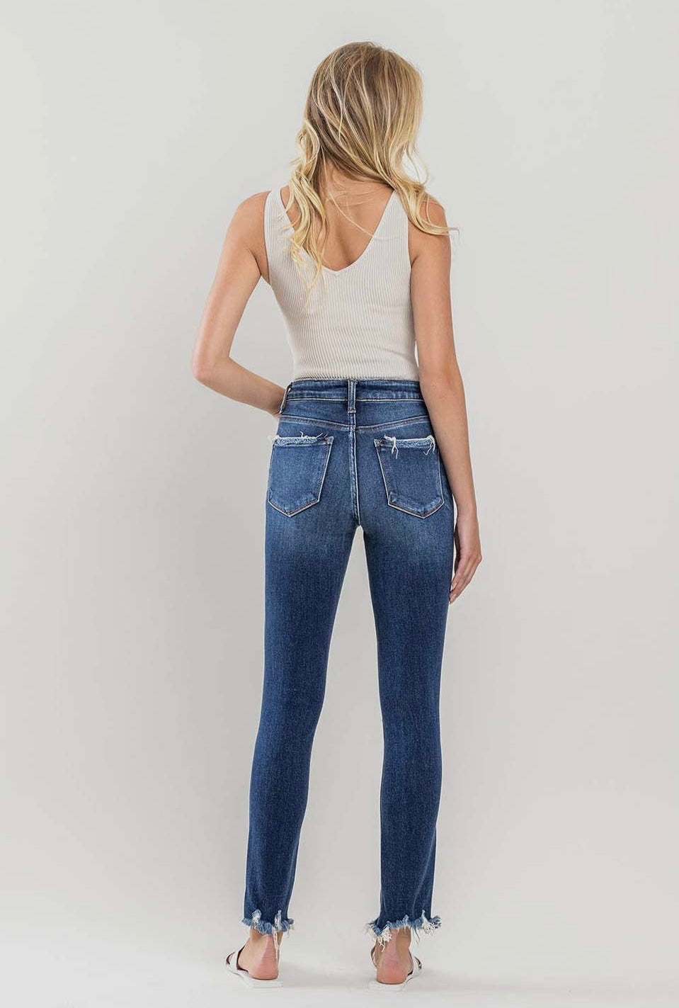 High Rise Destroyed Hem Ankle Skinny Jeans