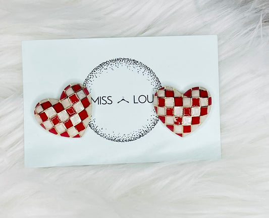 Enamel Plaid Heart Studs