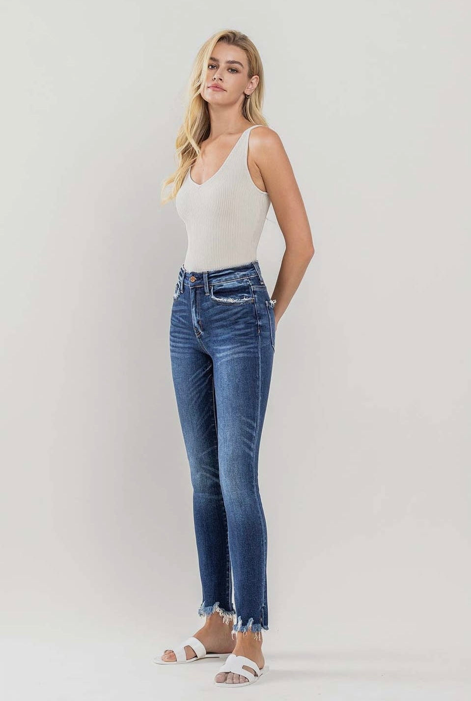 High Rise Destroyed Hem Ankle Skinny Jeans