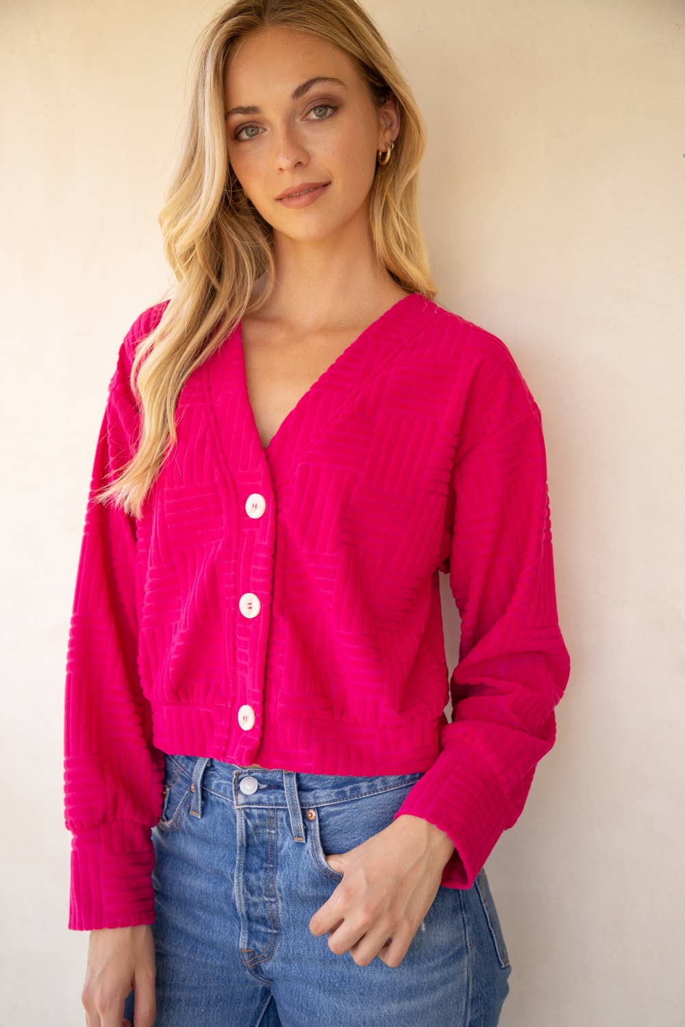 Button Front Textured Cardigan