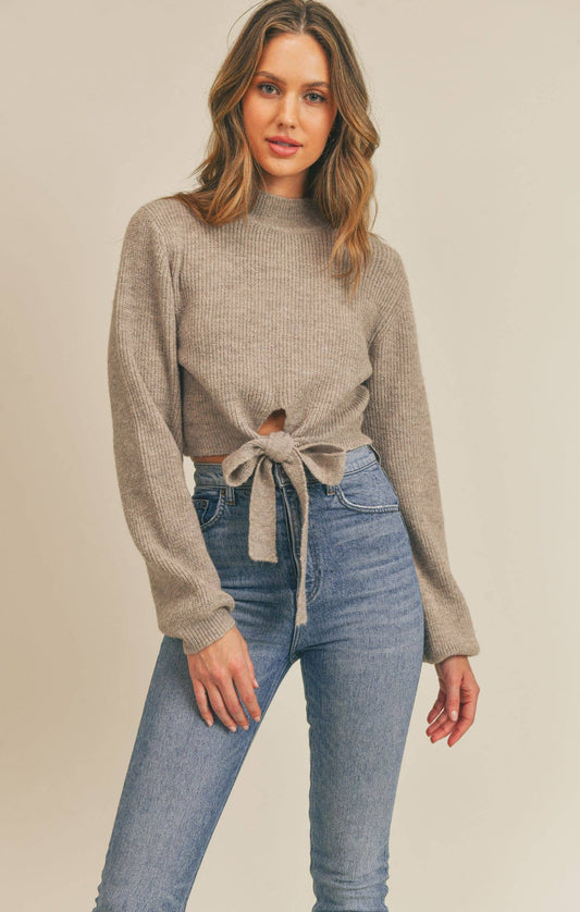 Quite Alright Cropped Front Ribbon Sweater: TAUPE