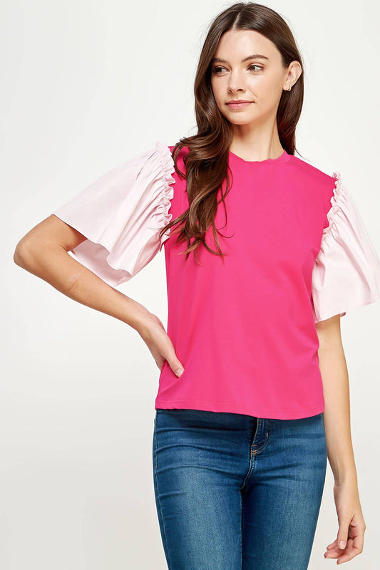 Poplin Ruffle Sleeve Knit Top