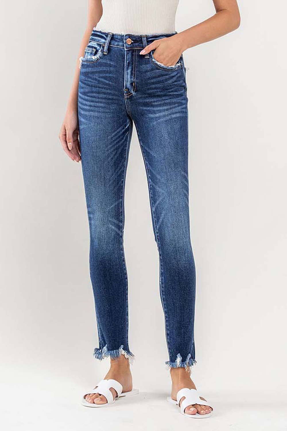 High Rise Destroyed Hem Ankle Skinny Jeans