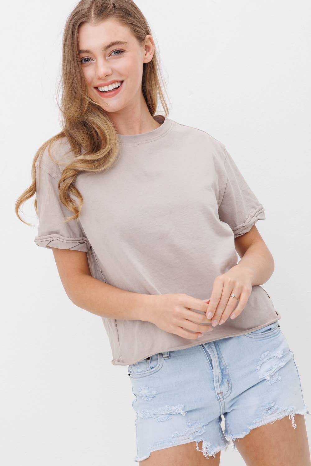 Rough Edge Cropped Tee-TAUPE-FINAL SALE