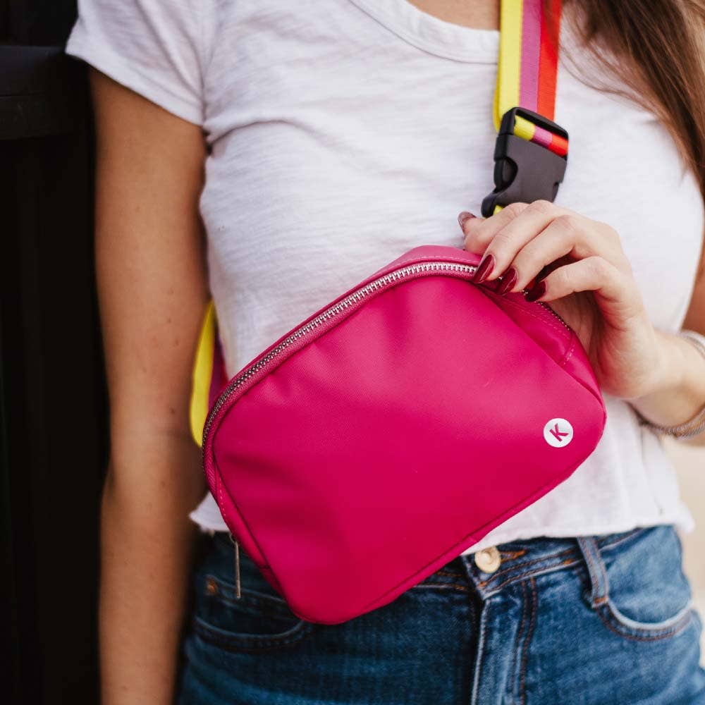 Hot Pink Solid Belt Bag with Striped Strap- FINAL SALE