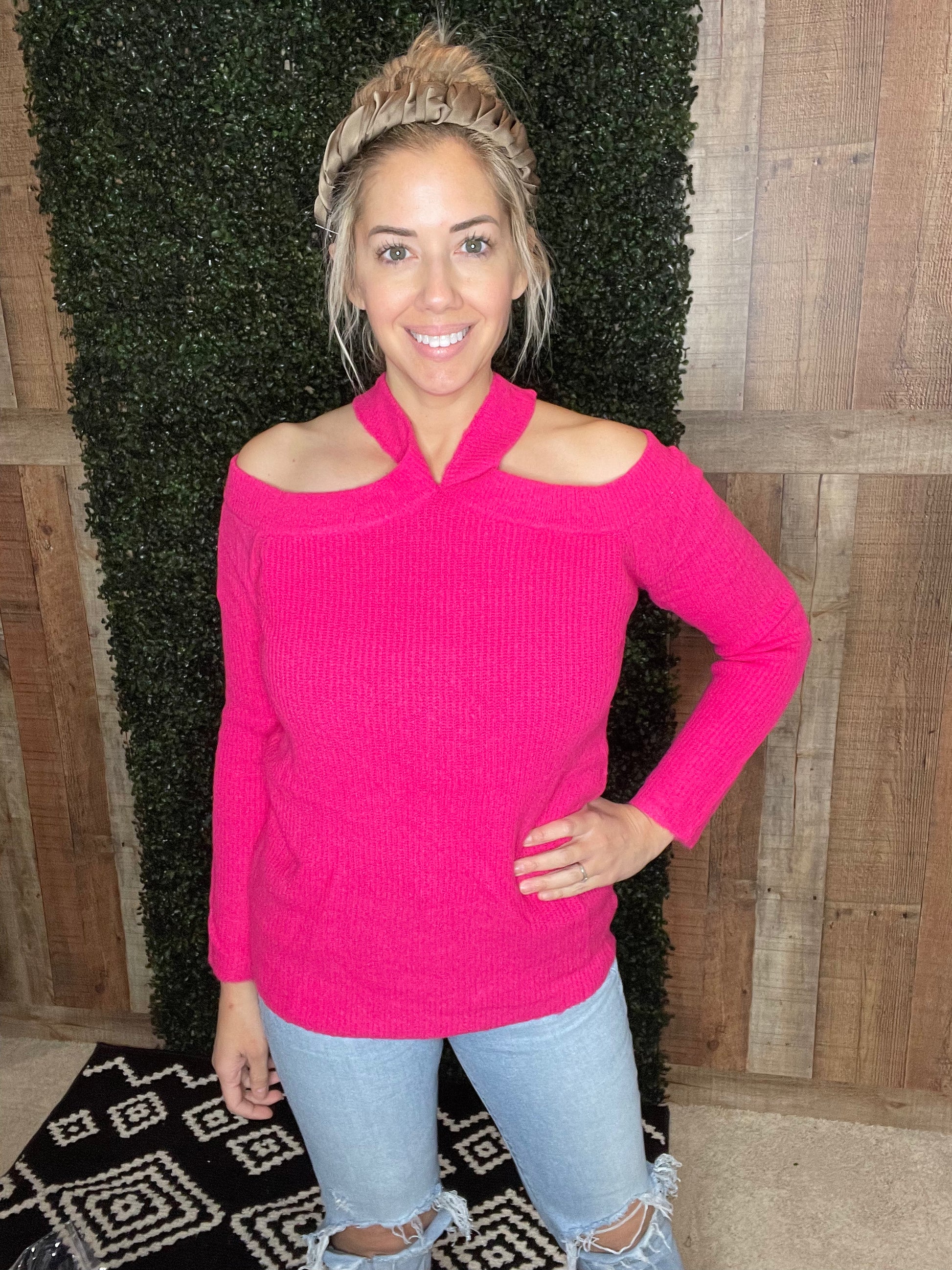 Hot pink off sales the shoulder sweater