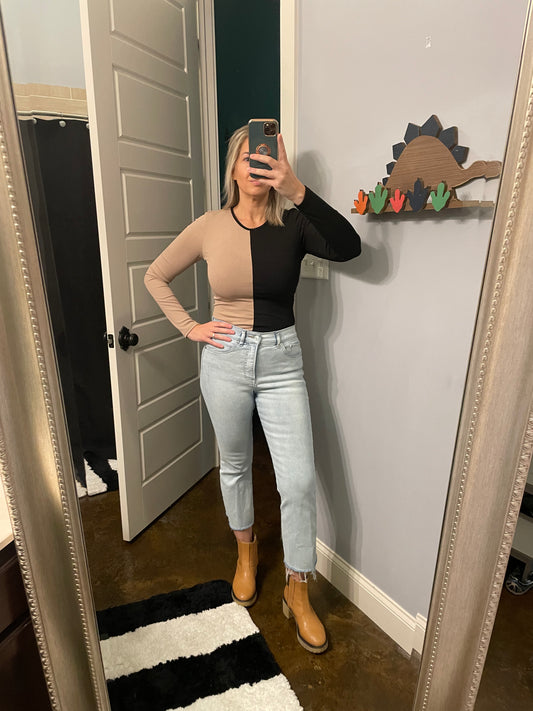 Color Block Bodysuit- Tan/Black- FINAL SALE