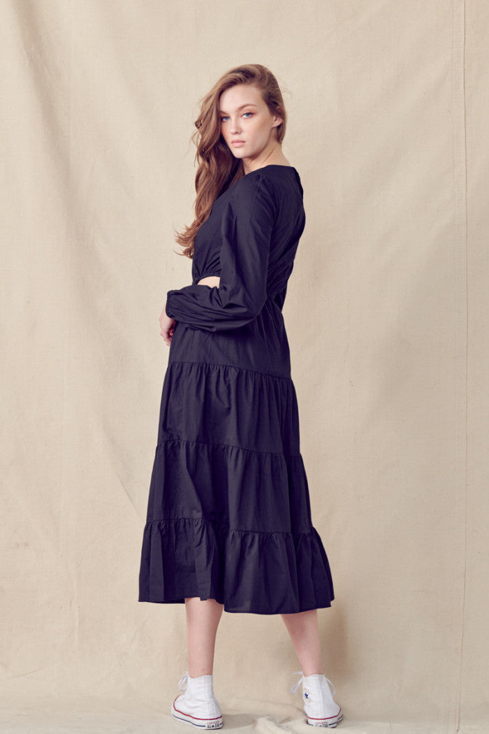 Long Sleeved Midi Dress - Black