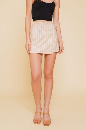 Striped Linen Side Tie Skort- Oat/Peach- FINAL SALE